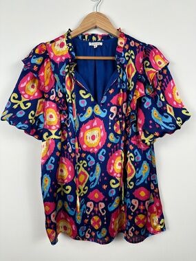 Jodifl Ikat Blouse with Ruffle Shoulder and Puff Sleeve, Size L